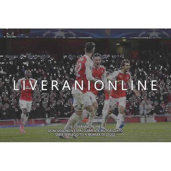 GOAL CELEBRATION - Arsenal\'s Mesut Ozil celebrates scoring the opening goal with team-mates Photographer Craig Mercer/CameraSport Football - UEFA Champions League Group F - Arsenal v Dinamo Zagreb - Tuesday 24th November 2015 - Emirates Stadium - London © CameraSport - 43 Linden Ave. Countesthorpe. Leicester. England. LE8 5PG - Tel: +44 (0) 116 277 4147 - admin@camerasport.com - www.camerasport.com AG ALDO LIVERANI SAS ONLY ITALY