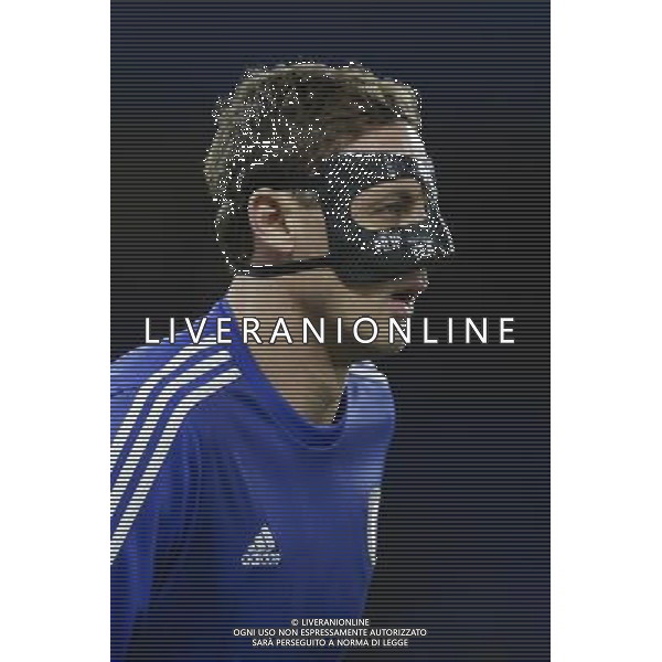 Chelsea\'s Nemanja Matic wears a protective face mask during the pre-match warm up Photographer Craig Mercer/CameraSport Football - Barclays Premiership - Chelsea v Bournemouth - Saturday 5th December 2015 - Stamford Bridge - London © CameraSport - 43 Linden Ave. Countesthorpe. Leicester. England. LE8 5PG - Tel: +44 (0) 116 277 4147 - admin@camerasport.com - www.camerasport.com AG ALDO LIVERANI SAS ONLY ITALY