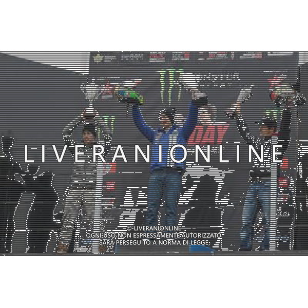 SIC DAY 2015 al Misano World Circuit 5 e 6 Dicembre, nella foto, sul podio I VINCITORI DI FLAT TRACK, CHAREYRE THOMAS, ANDREA DOVIZIOSO E IVAN LAZZARINI, Â©CLAUDIO ZAMAGNI/AGENZIA ALDO LIVERANI S.A.S.