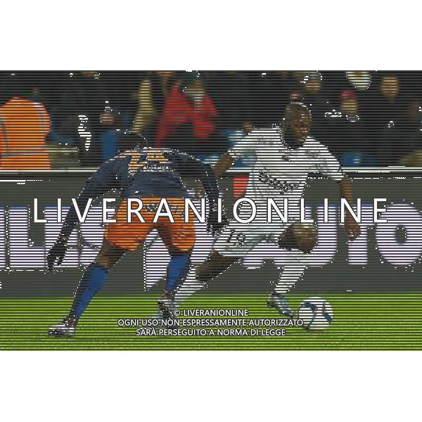 Yannis Salibur / Jerome Roussillon - 12.12.2015 - Montpellier / Guingamp - 18eme journee de Ligue 1 Photo : Alexandre Dimou / Icon Sport AG ALDO LIVERANI SAS ONLY ITALY
