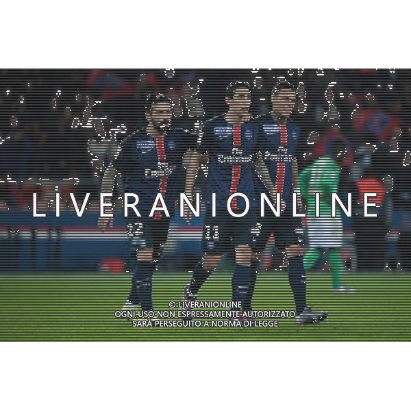 Angel DI MARIA / Ezequiel LAVEZZI / Gregory VAN DER WIEL - 16.12.2015 - PSG / Saint Etienne - Coupe de la Ligue - 1/8 de finale Photo : Nolwenn Le Gouic / Icon Sport/ AGENZIA ALDO LIVERANI SAS - ITALY ONLY EDITORIAL USE ONLY