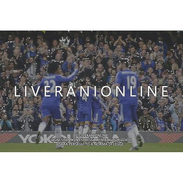 Chelsea players celebrate their second goal Photographer Craig Mercer/CameraSport Football - Barclays Premiership - Chelsea v Sunderland - Saturday 19th December 2015 - Stamford Bridge - London Â© CameraSport - 43 Linden Ave. Countesthorpe. Leicester. England. LE8 5PG - Tel: +44 (0) 116 277 4147 - admin@camerasport.com - www.camerasport.com / AGENZIA ALDO LIVERANI SAS - ITALY ONLY EDITORIAL USE ONLY