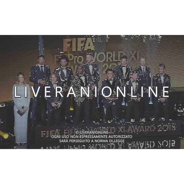 FIFA Ballon d\'Or 2015 Zurigo - 11.01.2016 Nella Foto:il fifa pro world award il team thiago silva,marcelo,ramos,dani alves,iniesta,modric,pogba,neymar,messi,ronaldo /Ph.Vitez-Ag. Aldo Liverani