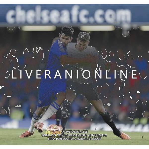 Chelsea\'s Diego Costa battles with Everton\'s John Stones Photographer Craig Mercer/CameraSport Football - Barclays Premiership - Chelsea v Everton - Saturday 16th January 2016 - Stamford Bridge - London © CameraSport - 43 Linden Ave. Countesthorpe. Leicester. England. LE8 5PG - Tel: +44 (0) 116 277 4147 - admin@camerasport.com - www.camerasport.com AG ALDO LIVERANI SAS