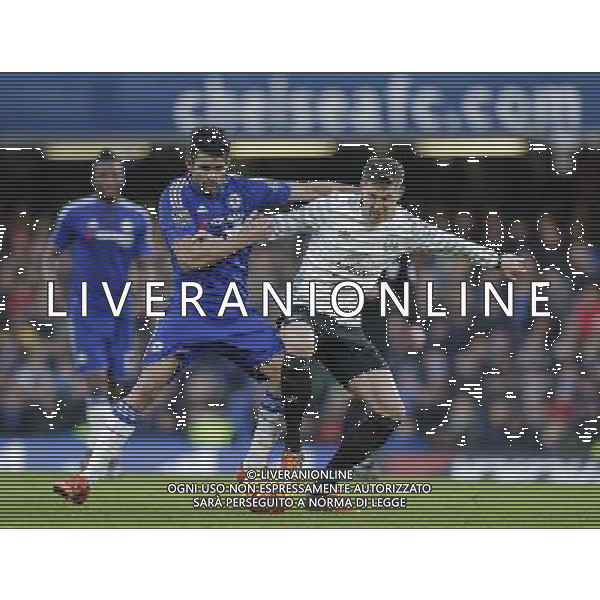 Chelsea\'s Diego Costa battles with Everton\'s John Stones Photographer Craig Mercer/CameraSport Football - Barclays Premiership - Chelsea v Everton - Saturday 16th January 2016 - Stamford Bridge - London © CameraSport - 43 Linden Ave. Countesthorpe. Leicester. England. LE8 5PG - Tel: +44 (0) 116 277 4147 - admin@camerasport.com - www.camerasport.com AG ALDO LIVERANI SAS