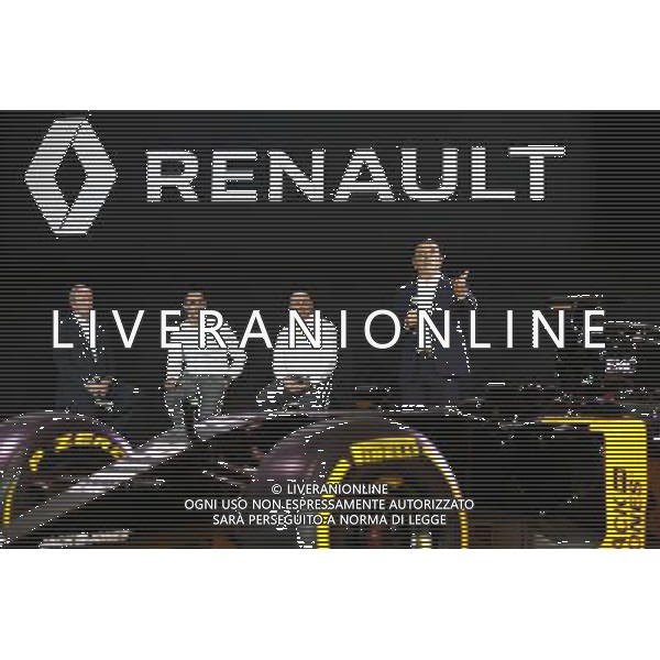 (L to R): Patrice Ratti (FRA) Renault Sport Cars General Manager; Cyril Abiteboul (FRA) Renault Sport F1 Managing Director; Frederic Vasseur (FRA) Renault Sport Formula One Team Racing Director; Carlos Ghosn (FRA) Chairman of Renault. 03.02.2016. Renault Sport Formula One Team RS16 Launch, Renault Technocentre, Paris, France. / Ag. Aldo Liverani Sas - Italy only editorial use only