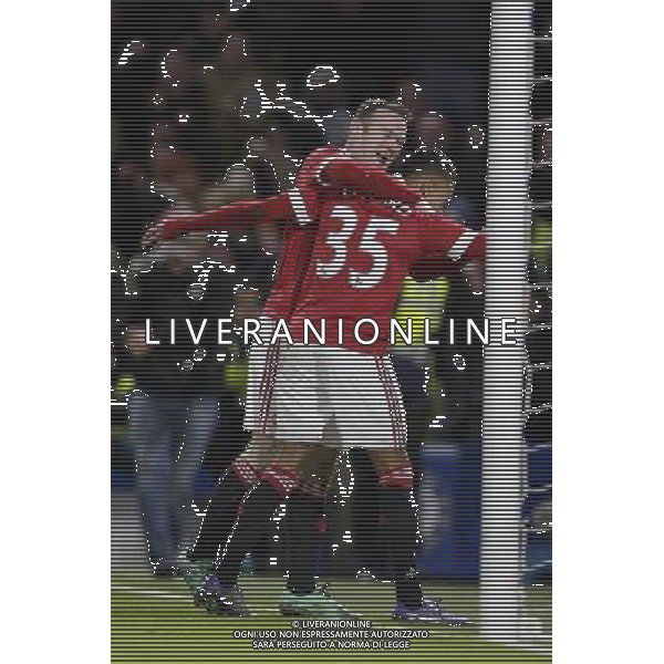 GOAL CELEBRATION - Manchester United\'s Jesse Lingard celebrates scoring the opening goal with Wayne Rooney Photographer Craig Mercer/CameraSport Football - Barclays Premiership - Chelsea v Manchester United - Sunday 7th February 2016 - Stamford Bridge - London Â© CameraSport - 43 Linden Ave. Countesthorpe. Leicester. England. LE8 5PG - Tel: +44 (0) 116 277 4147 - admin@camerasport.com - www.camerasport.com AG ALDO LIVERANI SAS ONLY ITALY