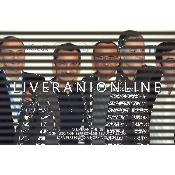 Conferenza stampa 66mo Festival della canzone italiana SanRemo 09 febbraio 2016 nella foto Carlo Conti con Nicola Savino e Gialappa\'s Band e Max Giusti ©Gazzaniga / AGENZIA ALDO LIVERANI SAS 