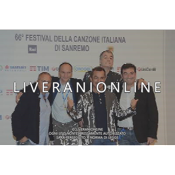 Conferenza stampa 66mo Festival della canzone italiana SanRemo 09 febbraio 2016 nella foto Carlo Conti con Nicola Savino e Gialappa\'s Band e Max Giusti ©Gazzaniga / AGENZIA ALDO LIVERANI SAS 