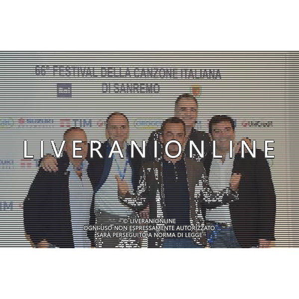 Conferenza stampa 66mo Festival della canzone italiana SanRemo 09 febbraio 2016 nella foto Carlo Conti con Nicola Savino e Gialappa\'s Band e Max Giusti ©Gazzaniga / AGENZIA ALDO LIVERANI SAS 