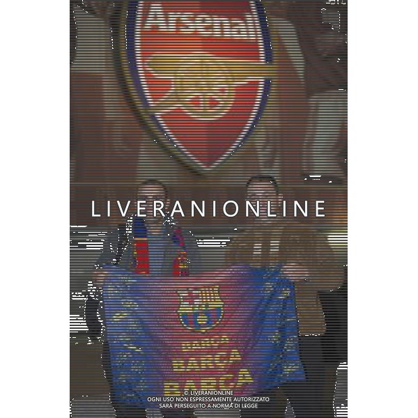 Barcelona fans pose for a photo outside The Emirates Stadium, home of Arsenal Photographer Craig Mercer/CameraSport Football - UEFA Champions League Round of 16 - Arsenal v Barcelona - Tuesday 23rd February 2016 - Emirates Stadium - London © CameraSport - 43 Linden Ave. Countesthorpe. Leicester. England. LE8 5PG - Tel: +44 (0) 116 277 4147 - admin@camerasport.com - www.camerasport.com AG ALDO LIVERANI SAS ONLY ITALY