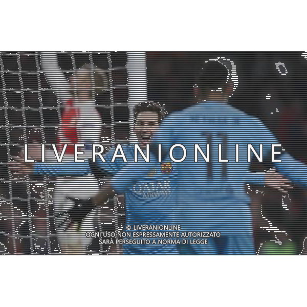 GOAL CELEBRATION - Barcelona\'s Lionel Messi celebrates scoring the opening goal Photographer Craig Mercer/CameraSport Football - UEFA Champions League Round of 16 - Arsenal v Barcelona - Tuesday 23rd February 2016 - Emirates Stadium - London © CameraSport - 43 Linden Ave. Countesthorpe. Leicester. England. LE8 5PG - Tel: +44 (0) 116 277 4147 - admin@camerasport.com - www.camerasport.com AG ALDO LIVERANI SAS ONLY ITALY