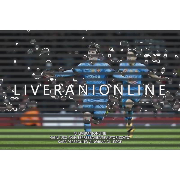 GOAL CELEBRATION - Barcelona\'s Lionel Messi celebrates scoring his sides second goal from the penalty spot Photographer Craig Mercer/CameraSport Football - UEFA Champions League Round of 16 - Arsenal v Barcelona - Tuesday 23rd February 2016 - Emirates Stadium - London © CameraSport - 43 Linden Ave. Countesthorpe. Leicester. England. LE8 5PG - Tel: +44 (0) 116 277 4147 - admin@camerasport.com - www.camerasport.com AG ALDO LIVERANI SAS ONLY ITALY