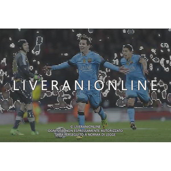 GOAL CELEBRATION - Barcelona\'s Lionel Messi celebrates scoring his sides second goal from the penalty spot Photographer Craig Mercer/CameraSport Football - UEFA Champions League Round of 16 - Arsenal v Barcelona - Tuesday 23rd February 2016 - Emirates Stadium - London © CameraSport - 43 Linden Ave. Countesthorpe. Leicester. England. LE8 5PG - Tel: +44 (0) 116 277 4147 - admin@camerasport.com - www.camerasport.com AG ALDO LIVERANI SAS ONLY ITALY