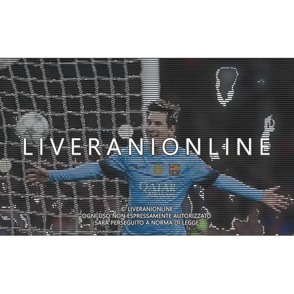 GOAL CELEBRATION - Barcelona\'s Lionel Messi celebrates scoring his sides second goal from the penalty spot Photographer Craig Mercer/CameraSport Football - UEFA Champions League Round of 16 - Arsenal v Barcelona - Tuesday 23rd February 2016 - Emirates Stadium - London © CameraSport - 43 Linden Ave. Countesthorpe. Leicester. England. LE8 5PG - Tel: +44 (0) 116 277 4147 - admin@camerasport.com - www.camerasport.com AG ALDO LIVERANI SAS ONLY ITALY