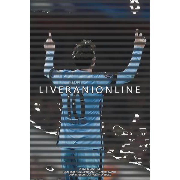GOAL CELEBRATION - Barcelona\'s Lionel Messi celebrates scoring his sides second goal from the penalty spot Photographer Craig Mercer/CameraSport Football - UEFA Champions League Round of 16 - Arsenal v Barcelona - Tuesday 23rd February 2016 - Emirates Stadium - London © CameraSport - 43 Linden Ave. Countesthorpe. Leicester. England. LE8 5PG - Tel: +44 (0) 116 277 4147 - admin@camerasport.com - www.camerasport.com AG ALDO LIVERANI SAS ONLY ITALY