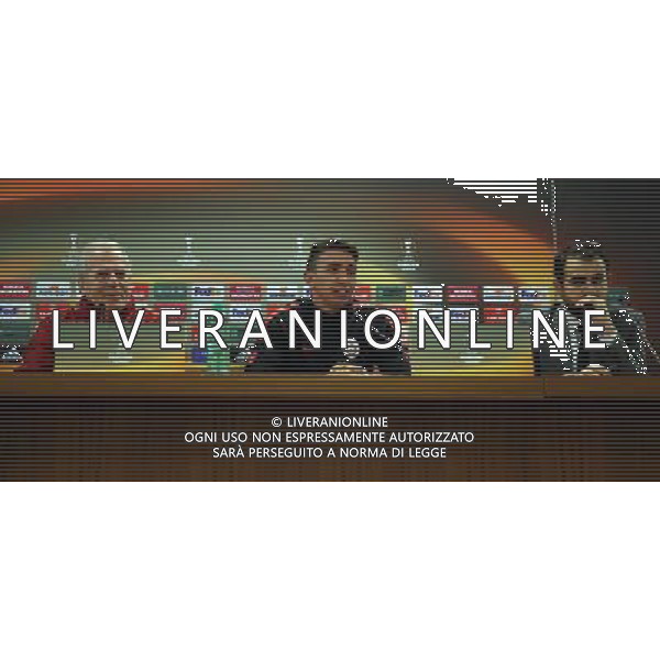 Galatasaray \' s Head coach Mustafa Denizli ( L) and Goalkeeper Fernando Muslera ( C ) gives a press conference on the eve of the team\' s UEFA Europa League football match against Lazio, on February 24, 2016 at the Olimpico stadium in Roma , Italy. RZYM KONFERENCJA PRASOWA LIGA EUROPY SEZON 2015/2016 PILKA NOZNA FOT. SESKIM/NEWSPIX.PL TURKEY, UK, AUSTRIA AND GERMANY OUT !!! --- Newspix.pl / AGENZIA ALDO LIVERANI SAS - ITALY ONLY EDITORIAL USE ONLY - Conferenza Stampa Galatasaray Europa League - 24.02.2016