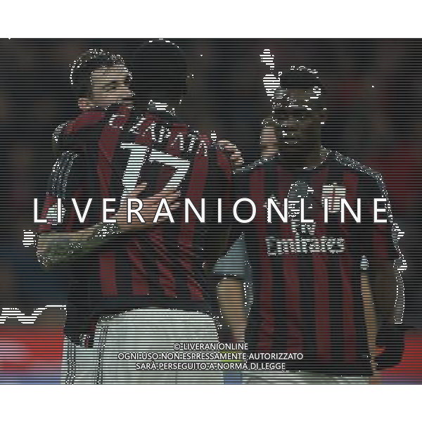 Coppa Italia TIM Cup 2015/2016 Semifinale Ritorno Milano - 01.03.2016 Milan-Alessandria Nella Foto: esultanza dopo il gol di alessio romagnoli del 2-0 con zapata e mario balotelli /Ph.Vitez-Ag. Aldo Liverani