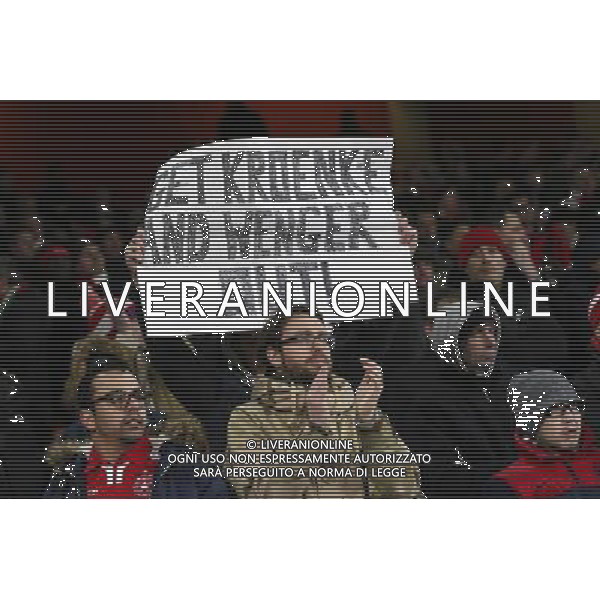 One home fan displays a banner against Arsenal\'s owner and manager in protest at his side\'s defeat (\'Get Kroenke and Wenger out!\') Photographer Craig Mercer/CameraSport Football - Barclays Premiership - Arsenal v Swansea City - Wednesday 2nd March 2016 - Emirates Stadium - London © CameraSport - 43 Linden Ave. Countesthorpe. Leicester. England. LE8 5PG - Tel: +44 (0) 116 277 4147 - admin@camerasport.com - www.camerasport.com AG ALDO LIVERANI SAS ONLY ITALY