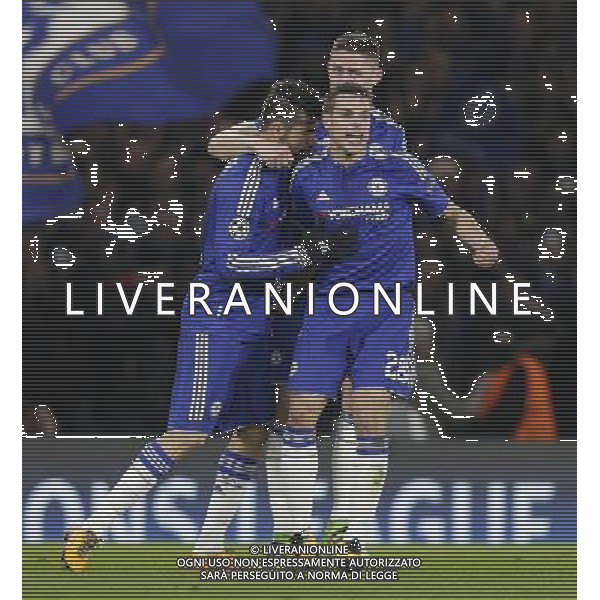 GOAL CELEBRATION - Chelsea\'s Diego Costa celebrates scoring his sides equalising goal to make the score 1-1, with team mates Cesar Azpilicueta and Gary Cahill Photographer Craig Mercer/CameraSport Football - UEFA Champions League Round of 16 Second Leg - Chelsea v Paris Saint-Germain - Wednesday 9th March 2016 - Stamford Bridge - London © CameraSport - 43 Linden Ave. Countesthorpe. Leicester. England. LE8 5PG - Tel: +44 (0) 116 277 4147 - admin@camerasport.com - www.camerasport.com AG ALDO LIVERANI SAS ONLY ITALY