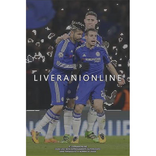 GOAL CELEBRATION - Chelsea\'s Diego Costa celebrates scoring his sides equalising goal to make the score 1-1, with team mates Cesar Azpilicueta and Gary Cahill Photographer Craig Mercer/CameraSport Football - UEFA Champions League Round of 16 Second Leg - Chelsea v Paris Saint-Germain - Wednesday 9th March 2016 - Stamford Bridge - London © CameraSport - 43 Linden Ave. Countesthorpe. Leicester. England. LE8 5PG - Tel: +44 (0) 116 277 4147 - admin@camerasport.com - www.camerasport.com AG ALDO LIVERANI SAS ONLY ITALY
