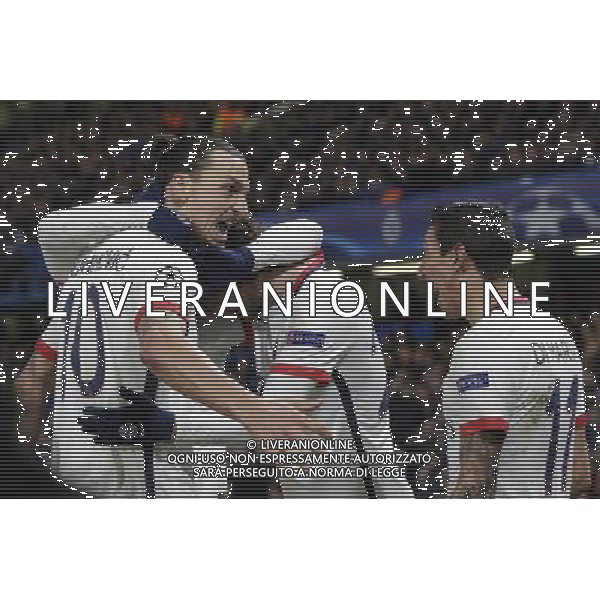 GOAL CELEBRATION - Paris Saint-Germain\'s Zlatan Ibrahimovic celebrates scoring his sides second goal with team mates Photographer Craig Mercer/CameraSport Football - UEFA Champions League Round of 16 Second Leg - Chelsea v Paris Saint-Germain - Wednesday 9th March 2016 - Stamford Bridge - London © CameraSport - 43 Linden Ave. Countesthorpe. Leicester. England. LE8 5PG - Tel: +44 (0) 116 277 4147 - admin@camerasport.com - www.camerasport.com AG ALDO LIVERANI SAS ONLY ITALY