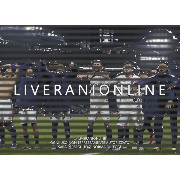 Paris Saint-Germain players celebrate their 1-2 victory at full time Photographer Craig Mercer/CameraSport Football - UEFA Champions League Round of 16 Second Leg - Chelsea v Paris Saint-Germain - Wednesday 9th March 2016 - Stamford Bridge - London © CameraSport - 43 Linden Ave. Countesthorpe. Leicester. England. LE8 5PG - Tel: +44 (0) 116 277 4147 - admin@camerasport.com - www.camerasport.com AG ALDO LIVERANI SAS ONLY ITALY