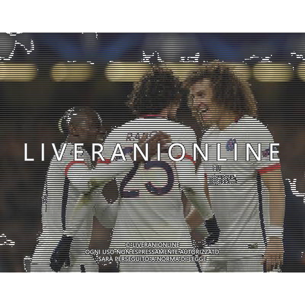 \Paris Saint-Germain\'s Adrien Rabiot (centre) celebrates scoring the opening goal with David Luiz Photographer Ashley Western/CameraSport Football - UEFA Champions League Round of 16 Second Leg - Chelsea v Paris Saint-Germain - Wednesday 9th March 2016 - Stamford Bridge - London © CameraSport - 43 Linden Ave. Countesthorpe. Leicester. England. LE8 5PG - Tel: +44 (0) 116 277 4147 - admin@camerasport.com - www.camerasport.com AG ALDO LIVERANI SAS ONLY ITALY