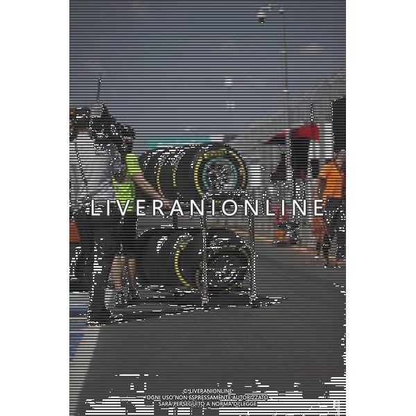 Pirelli tyres pushed on a trolley in the pits. 16.03.2016. Formula 1 World Championship, Rd 1, Australian Grand Prix, Albert Park, Melbourne, Australia, Preparation Day. AG ALDO LIVERANI SAS ONLY ITALY