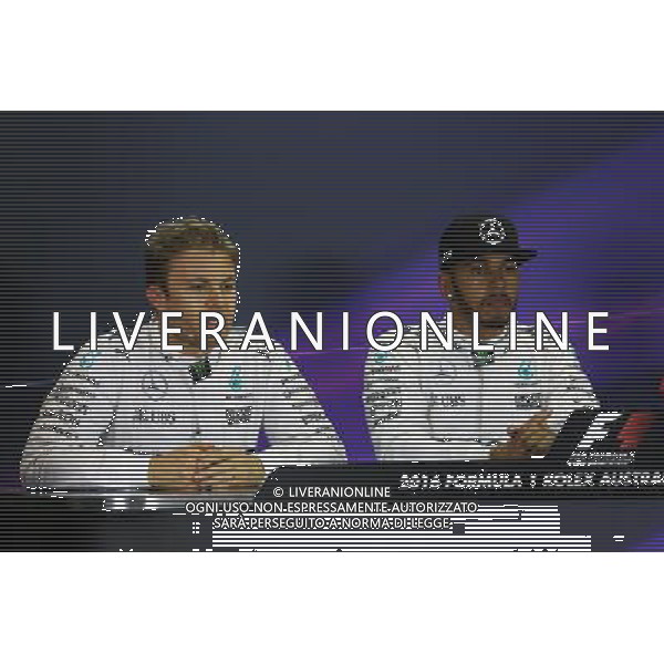 The post qualifying FIA Press Conference (L to R): Nico Rosberg (GER) Mercedes AMG F1, second; Lewis Hamilton (GBR) Mercedes AMG F1, pole position. 19.03.2016. Formula 1 World Championship, Rd 1, Australian Grand Prix, Albert Park, Melbourne, Australia, Qualifying Day. - www.xpbimages.com, EMail: requests@xpbimages.com - copy of publication required for printed pictures. Every used picture is fee-liable. © Copyright: Moy / XPB Images /Agenzia Aldo Liverani s.a.s./ONLY ITALY-EDITORIAL USE ONLY
