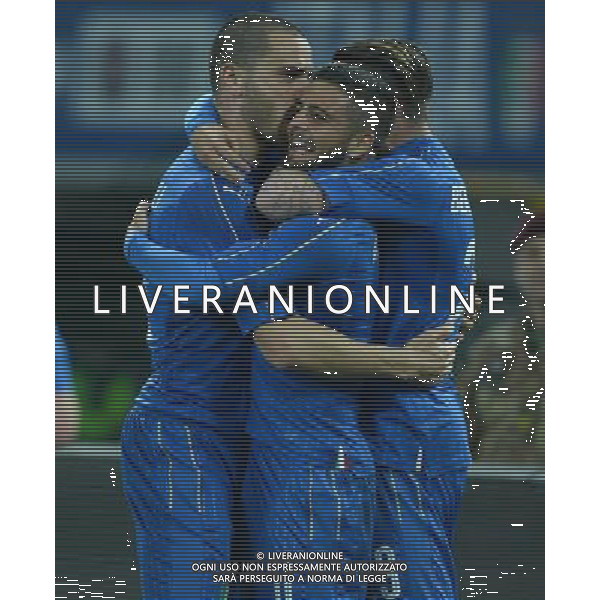 Amichevole Udine - 24.03.2016 Italia-Spagna Nella Foto: esultanza dopo il gol di lorenzo insigne con leonardo bonucci /Ph.Vitez-Ag. Aldo Liverani