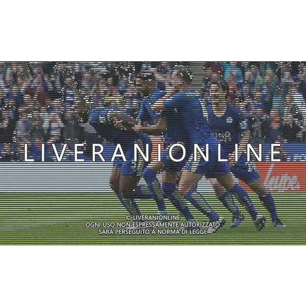 Leicester City\'s Wes Morgan celebrates scoring his sides first goal Photographer Rachel Holborn/CameraSport Football - Barclays Premiership - Leicester City v Southampton - Sunday 3rd April 2016 - King Power Stadium - Leicester © CameraSport - 43 Linden Ave. Countesthorpe. Leicester. England. LE8 5PG - Tel: +44 (0) 116 277 4147 - admin@camerasport.com - www.camerasport.com / AGENZIA ALDO LIVERANI SAS - ITALY ONLY EDITORIAL USE ONLY