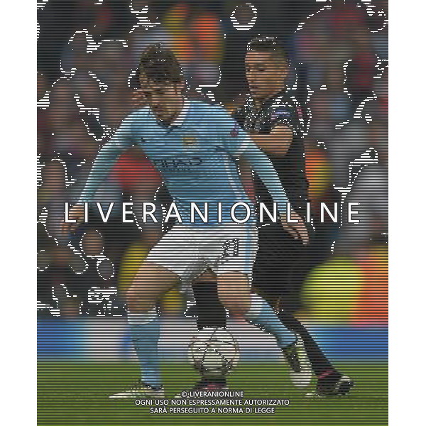 Manchester City\'s David Silva battles with Paris Saint-Germain\'s Marquinhos Photographer Dave Howarth/CameraSport Football - UEFA Champions League Quarter Final Second Leg - Manchester City v Paris Saint-Germain - Tuesday 12th April 2016 - Etihad Stadium - Manchester © CameraSport - 43 Linden Ave. Countesthorpe. Leicester. England. LE8 5PG - Tel: +44 (0) 116 277 4147 - admin@camerasport.com - www.camerasport.com AG ALDO LIVERANI SAS ONLY ITALY