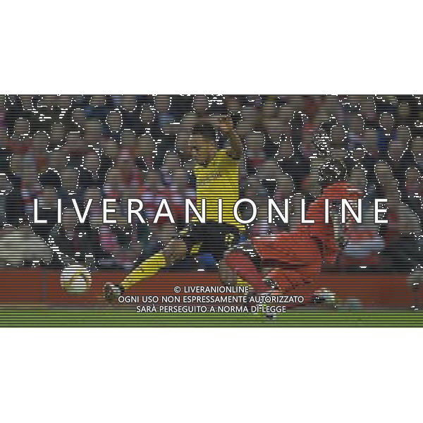 Borussia Dortmund\'s Pierre-Emerick Aubameyang scores his team\'s 2nd goal Photographer Dave Howarth/CameraSport Football - UEFA Europa League Quarter Final Second Leg - Liverpool v Borussia Dortmund - Thursday 14th April 2016 - Anfield - Liverpool Â© CameraSport - 43 Linden Ave. Countesthorpe. Leicester. England. LE8 5PG - Tel: +44 (0) 116 277 4147 - admin@camerasport.com - www.camerasport.com /Agenzia Aldo Liverani s.a.s./ONLY ITALY-EDITORIAL USE ONLY