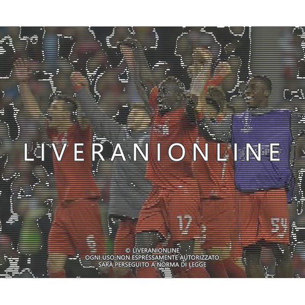 Liverpool players celebrate their victory Photographer Dave Howarth/CameraSport Football - UEFA Europa League Quarter Final Second Leg - Liverpool v Borussia Dortmund - Thursday 14th April 2016 - Anfield - Liverpool Â© CameraSport - 43 Linden Ave. Countesthorpe. Leicester. England. LE8 5PG - Tel: +44 (0) 116 277 4147 - admin@camerasport.com - www.camerasport.com /Agenzia Aldo Liverani s.a.s./ONLY ITALY-EDITORIAL USE ONLY