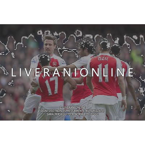 GOAL CELEBRATION - Arsenal\'s Alexis Sanchez celebrates scoring the opening goal with team mates Photographer Craig Mercer/CameraSport Football - Barclays Premiership - Arsenal v Crystal Palace - Sunday 17th April 2016 - Emirates Stadium - London © CameraSport - 43 Linden Ave. Countesthorpe. Leicester. England. LE8 5PG - Tel: +44 (0) 116 277 4147 - admin@camerasport.com - www.camerasport.com AG ALDO LIVERANI SAS ONLY ITALY