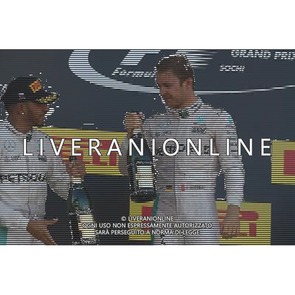 2nd place Lewis Hamilton (GBR) Mercedes AMG F1 W07 and 1st place Nico Rosberg (GER) Mercedes AMG Petronas F1 W07. 01.05.2016. Formula 1 World Championship, Rd 4, Russian Grand Prix, Sochi Autodrom, Sochi, Russia, Race Day. AG ALDO LIVERANI SAS ONLY ITALY