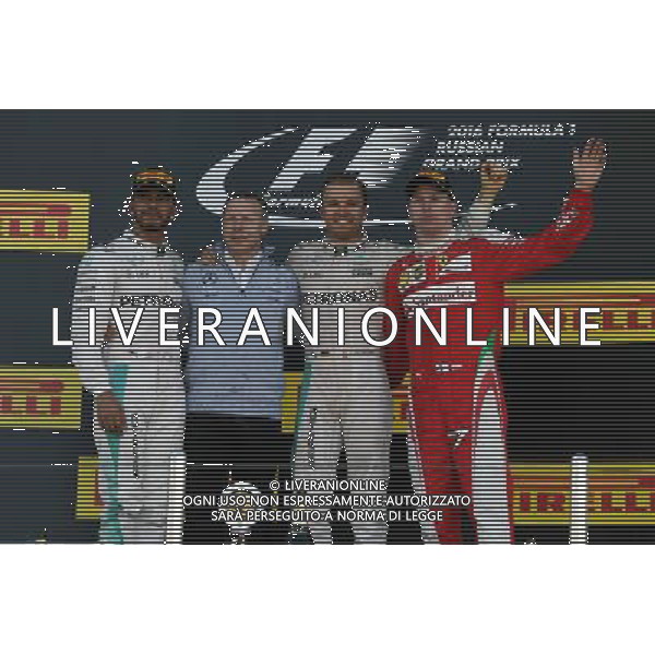The podium (L to R): Lewis Hamilton (GBR) Mercedes AMG F1, second; Nico Rosberg (GER) Mercedes AMG F1, race winner; Kimi Raikkonen (FIN) Ferrari, third. 01.05.2016. Formula 1 World Championship, Rd 4, Russian Grand Prix, Sochi Autodrom, Sochi, Russia, Race Day. AG ALDO LIVERANI SAS ONLY ITALY