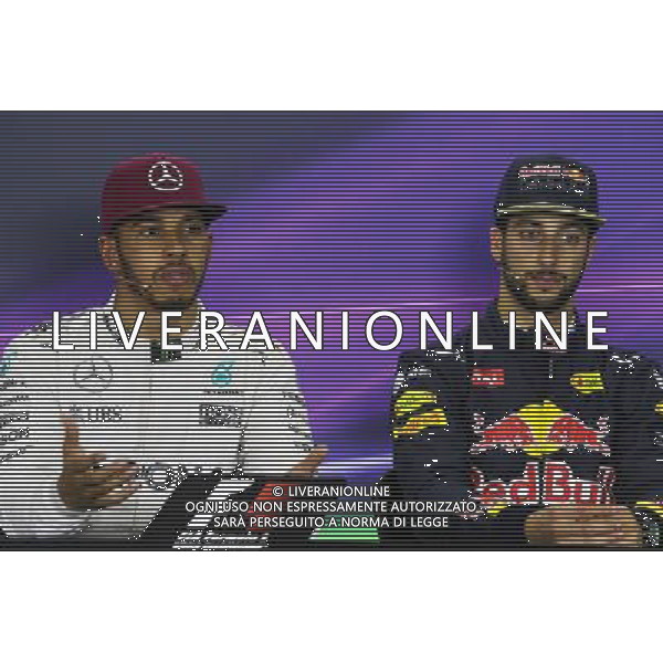 (L to R): Lewis Hamilton (GBR) Mercedes AMG F1 and Daniel Ricciardo (AUS) Red Bull Racing in the post qualifying FIA Press Conference. 14.05.2016. Formula 1 World Championship, Rd 5, Spanish Grand Prix, Barcelona, Spain, Qualifying Day. AG ALDO LIVERANI SAS ONLY ITALY