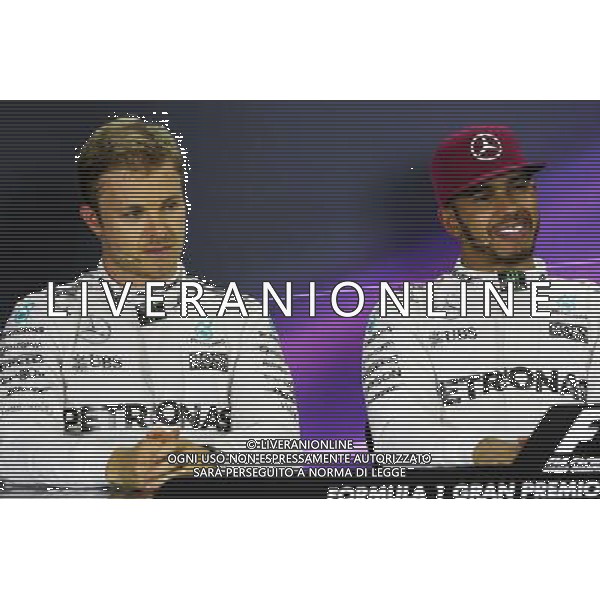 (L to R): Nico Rosberg (GER) Mercedes AMG F1 and team mate Lewis Hamilton (GBR) Mercedes AMG F1 in the post qualifying FIA Press Conference. 14.05.2016. Formula 1 World Championship, Rd 5, Spanish Grand Prix, Barcelona, Spain, Qualifying Day. AG ALDO LIVERANI SAS ONLY ITALY