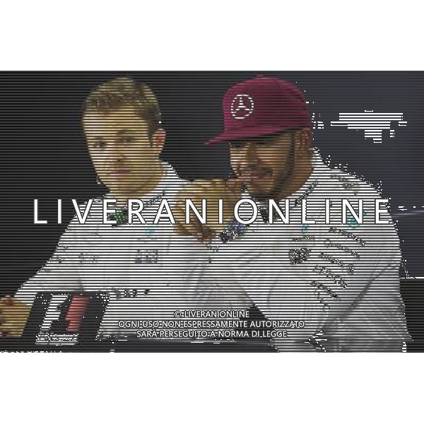 (L to R): Nico Rosberg (GER) Mercedes AMG F1 and team mate Lewis Hamilton (GBR) Mercedes AMG F1 in the post qualifying FIA Press Conference. 14.05.2016. Formula 1 World Championship, Rd 5, Spanish Grand Prix, Barcelona, Spain, Qualifying Day. AG ALDO LIVERANI SAS ONLY ITALY
