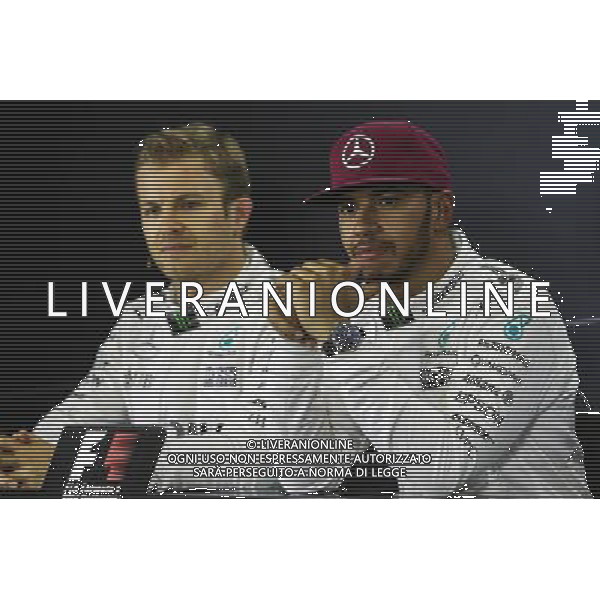 (L to R): Nico Rosberg (GER) Mercedes AMG F1 and team mate Lewis Hamilton (GBR) Mercedes AMG F1 in the post qualifying FIA Press Conference. 14.05.2016. Formula 1 World Championship, Rd 5, Spanish Grand Prix, Barcelona, Spain, Qualifying Day. AG ALDO LIVERANI SAS ONLY ITALY