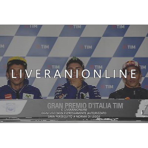 Valentino Rossi (L) Jorge Lorenzo(C) Marc Marquez (R) durante la conferenza stampa di presentazione del Gran Premio di Italia Â©Piazzolla / AGENZIA ALDO LIVERANI SAS