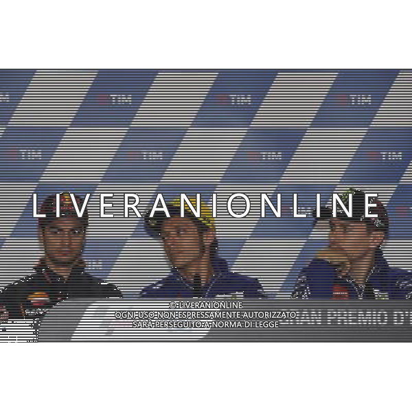 Dani Pedrosa(L) Valentino Rossi (C) Jorge Lorenzo (R) durante la conferenza stampa di presentazione del Gran Premio di Italia Â©Piazzolla / AGENZIA ALDO LIVERANI SAS