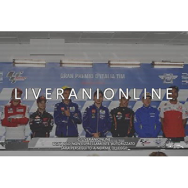 From LtoR: Andrea Iannone, Dani Pedrosa, Valentino Rossi, Jorge Lorenzo, Marc Marquez, Maverick ViÃ±ales, Danilo Petrucci durante la conferenza stampa di presentazione del Gran Premio di Italia Â©Piazzolla / AGENZIA ALDO LIVERANI SAS