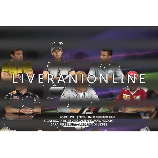 The FIA Press Conference (from back row (L to R)): Jolyon Palmer (GBR) Renault Sport F1 Team; Romain Grosjean (FRA) Haas F1 Team; Pascal Wehrlein (GER) Manor Racing; Max Verstappen (NLD) Red Bull Racing; Nico Rosberg (GER) Mercedes AMG F1; Sebastian Vettel (GER) Ferrari. 25.05.2016. Formula 1 World Championship, Rd 6, Monaco Grand Prix, Monte Carlo, Monaco, Preparation Day. 