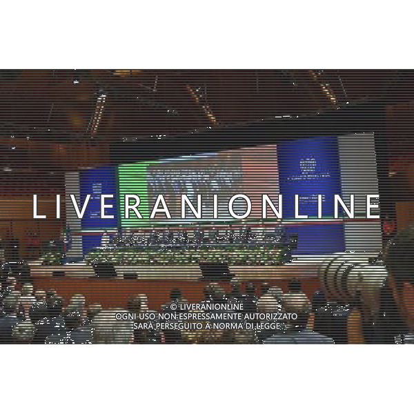Assemblea Confindustria - Roma 26.05.2016 - Auditorium Parco della Musica - nella foto: Il tavolo della presidenza durante l\'inno nazionale / Ph. Corradetti - AGENZIA ALDO LIVERANI SAS
