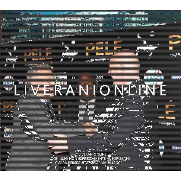 Milano ( MI ) 26/03/2016 Cinema The Space Odeon presentazione del film PelË Nella foto: JosË Altafini con Pele - Edson Arantes do Nascimento e gianni infantino PH Lauro Montagnini AG ALDO LIVERANI SAS