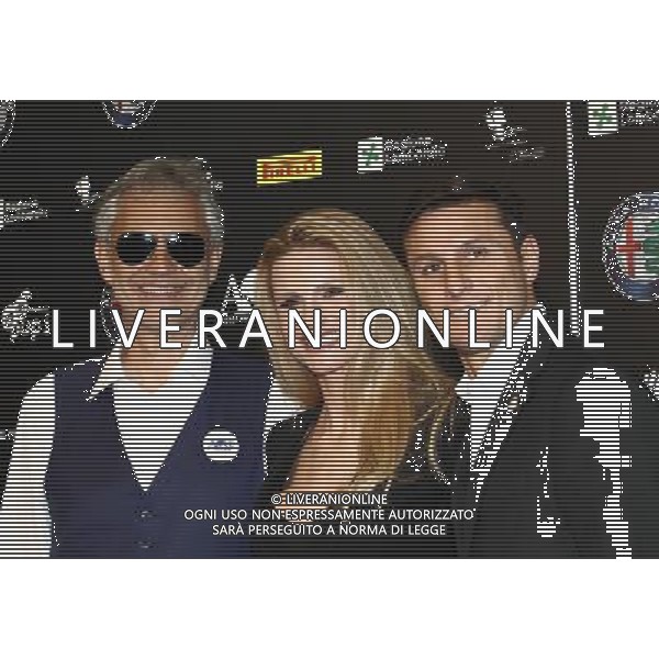 Arese ( MI ) 24/05/2015 Confernza stampa per l\'evento benefico \' Bocelli and Zanetti Night \' Nella foto: Andrea Bocelli, Michelle Hunziker e Javier Zanetti PH Lauro Montagnini AG ALDO LIVERANI SAS