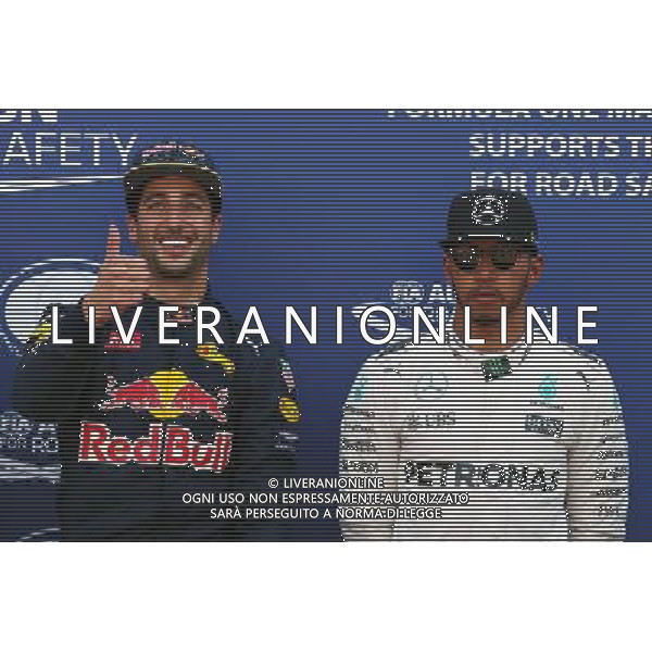 (L to R): Daniel Ricciardo (AUS) Red Bull Racing celebrates his pole position in parc ferme with third placed Lewis Hamilton (GBR) Mercedes AMG F1. 28.05.2016. Formula 1 World Championship, Rd 6, Monaco Grand Prix, Monte Carlo, Monaco, Qualifying Day. AG ALDO LIVERANI SAS ONLY ITALY 